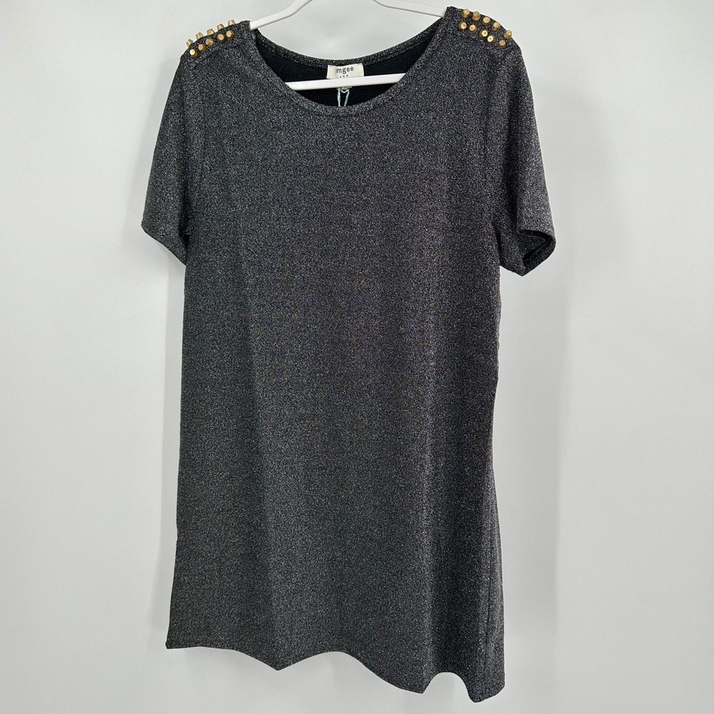 Umgee Women Sparkly Grey Metallic Studded Shoulder Mini Dress Sz L Glam Festival